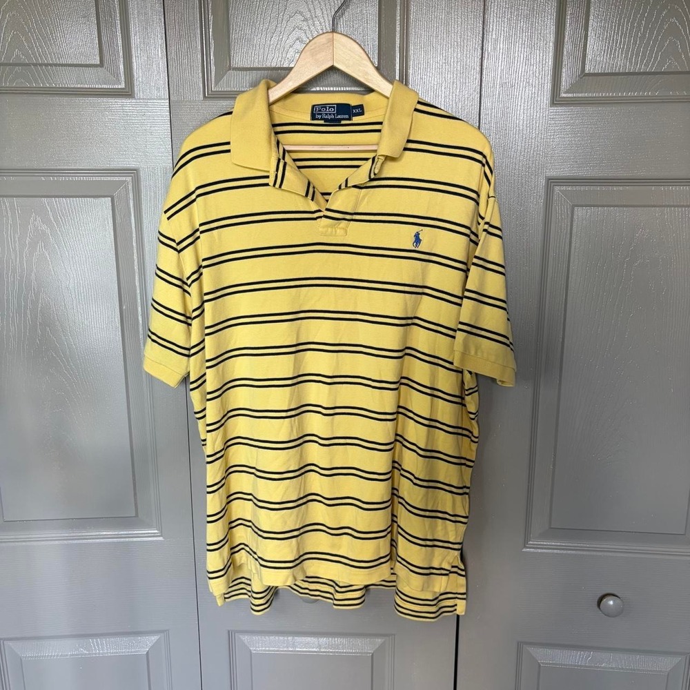 Polo Ralph Lauren Mens XXL Yellow Striped Short Sleeve Polo Shirt Blue Pony Logo